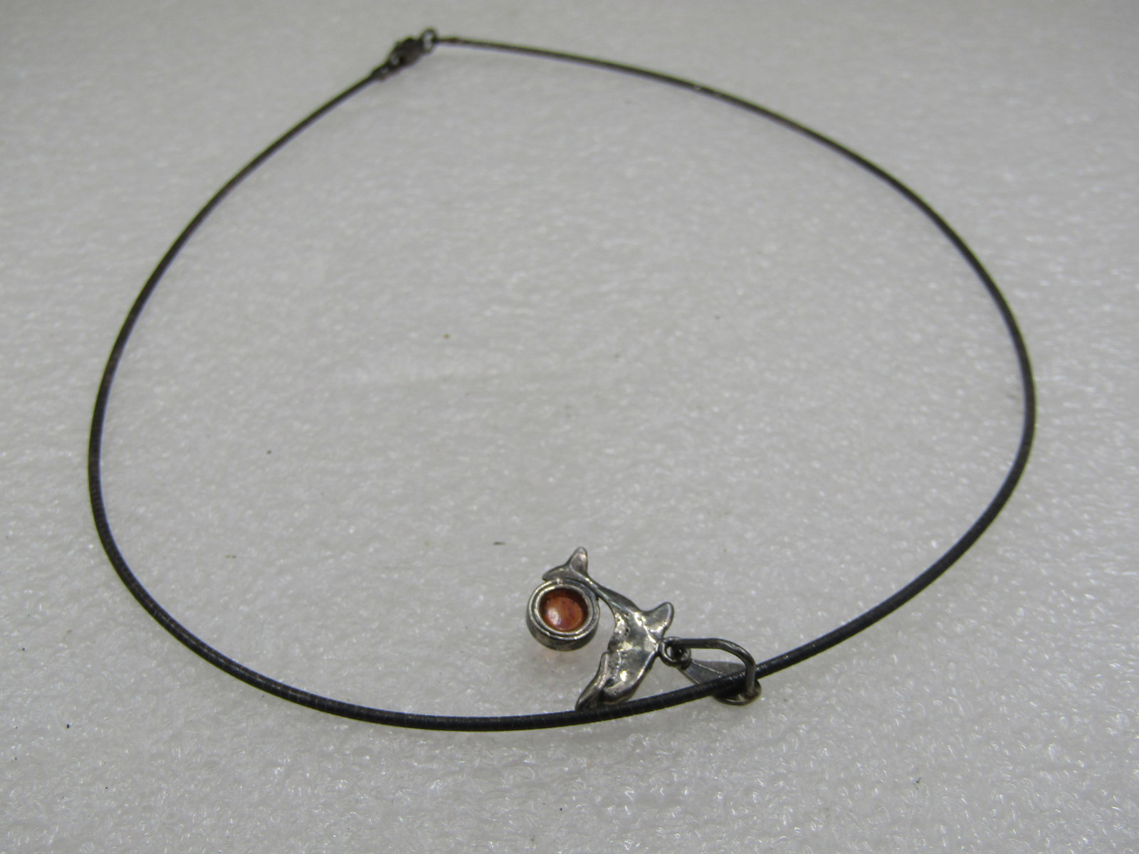 Vintage Sterling Amber Dolphin Necklace, Round Omega Necklace 16", 1980's - 4