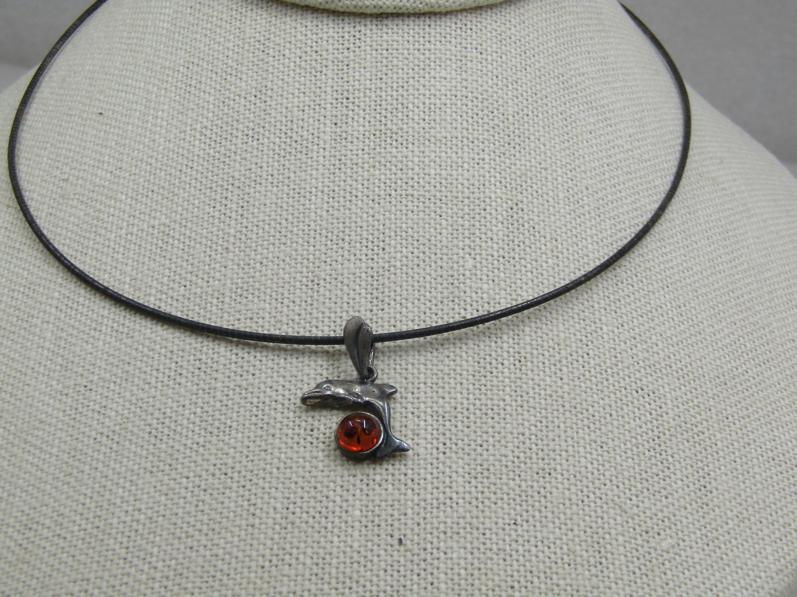 Vintage Sterling Amber Dolphin Necklace, Round Omega Necklace 16", 1980's - 6