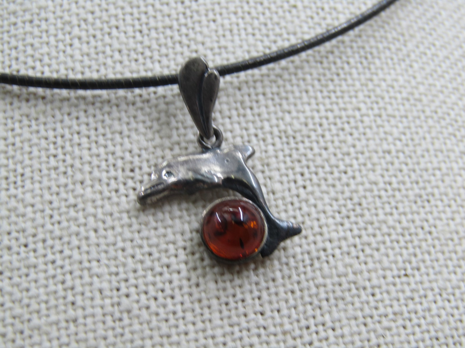 Vintage Sterling Amber Dolphin Necklace, Round Omega Necklace 16", 1980's - 7