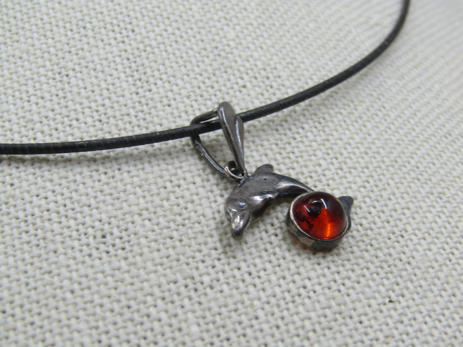 Vintage Sterling Amber Dolphin Necklace, Round Omega Necklace 16", 1980's - 8