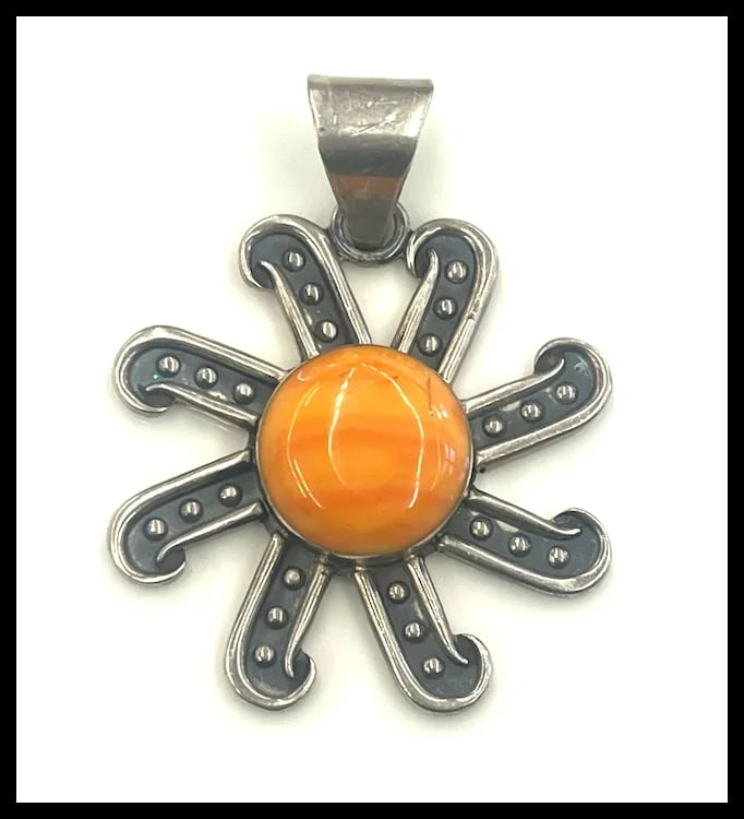 Estate Sun/Flower Mexico Sterling Silver Pendant-HOB - 2