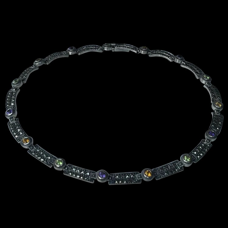 Estate Sterling Silver Marcasite and Gemstone Necklace: Title: Estate Sterling Silver Marcasite and Gemstone Necklace Description: Estate Sterling Silver Marcasite and Gemstone Necklace Sterling Silver, Semi- Precious Gemstones 925 Thailand Weighs 56.2 gra