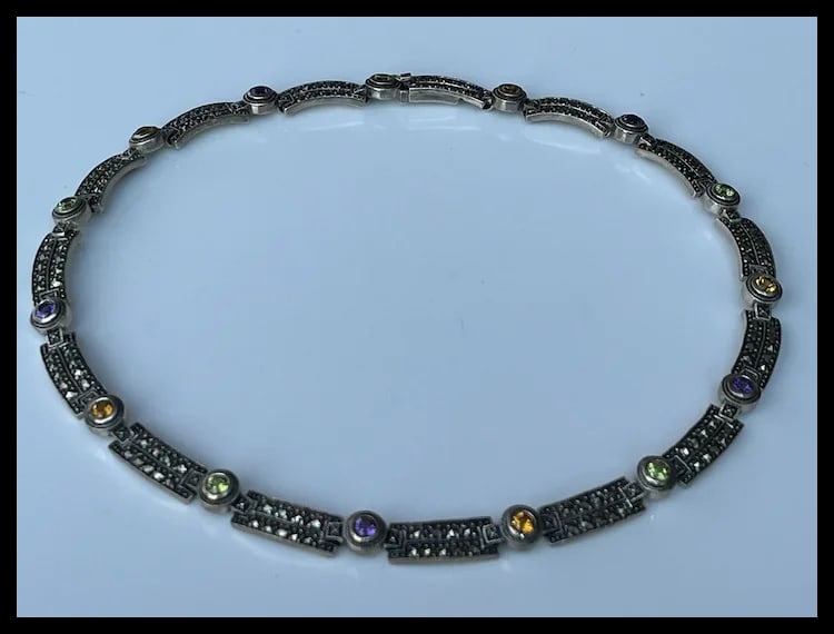 Estate Sterling Silver Marcasite and Gemstone Necklace - 2