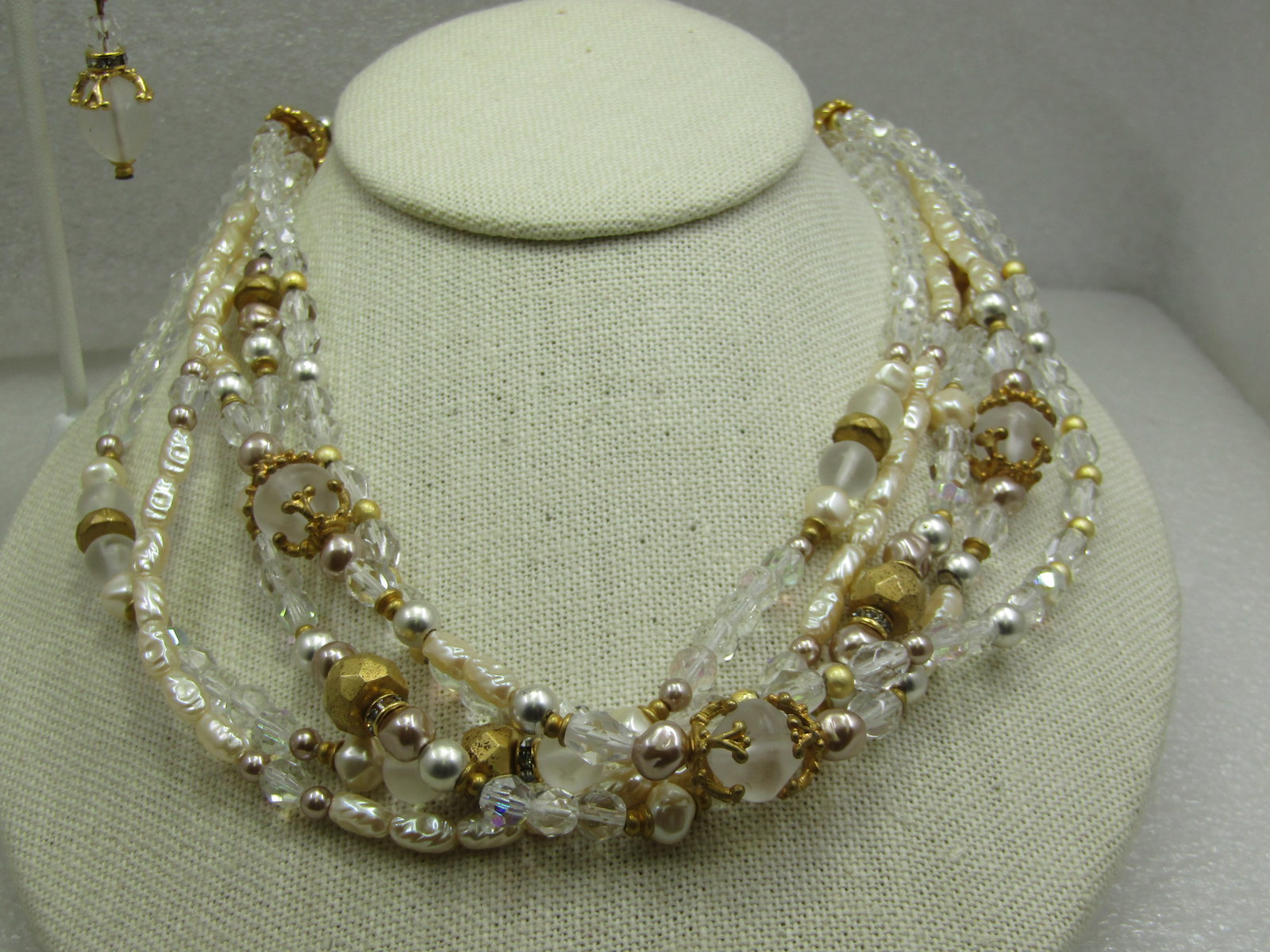 Vintage Liz Claiborne Faux Pearl, Gold Beaded Necklace & Earrings Set, Multi-Strand, 1980's - 2