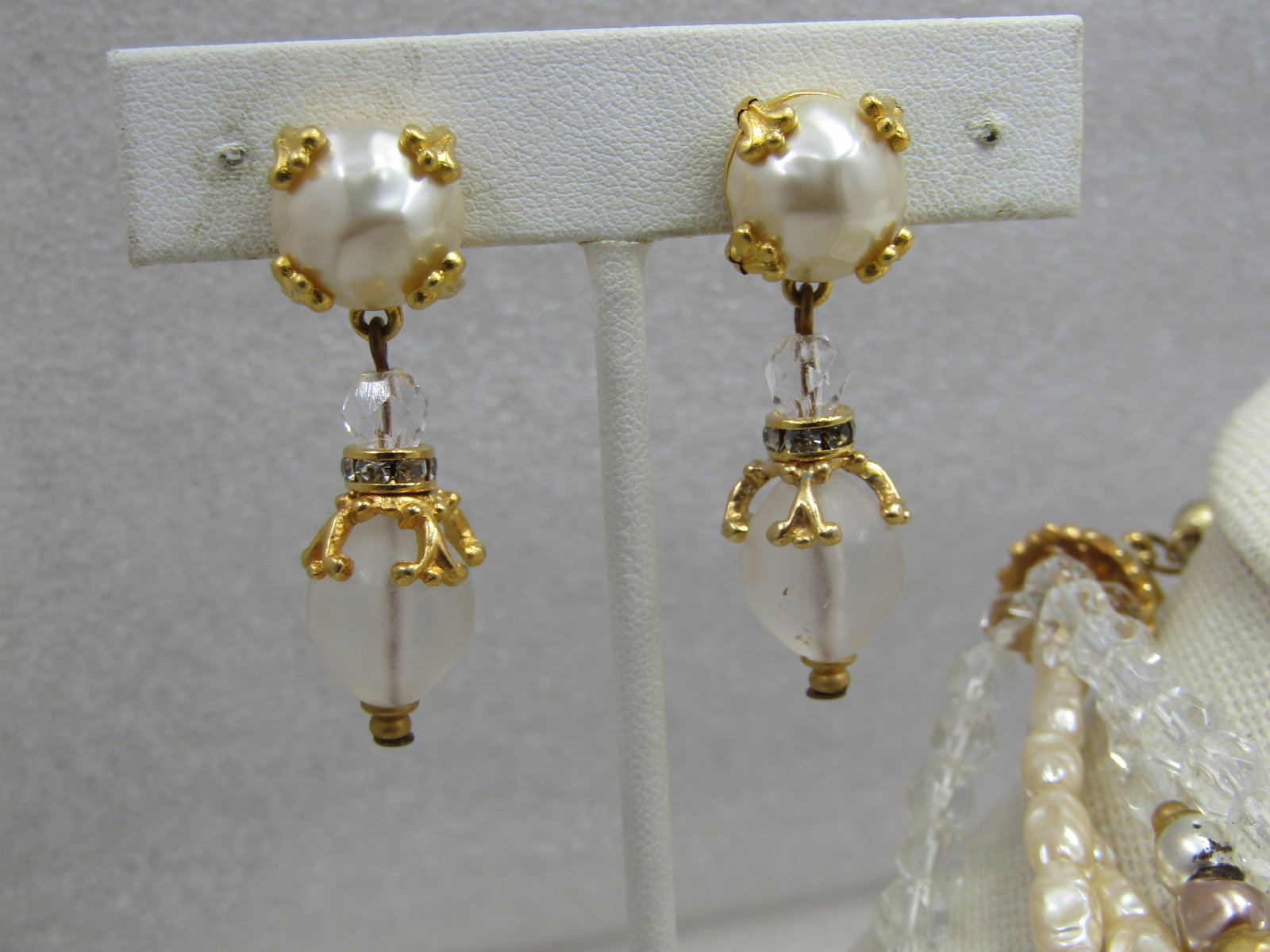 Vintage Liz Claiborne Faux Pearl, Gold Beaded Necklace & Earrings Set, Multi-Strand, 1980's - 3