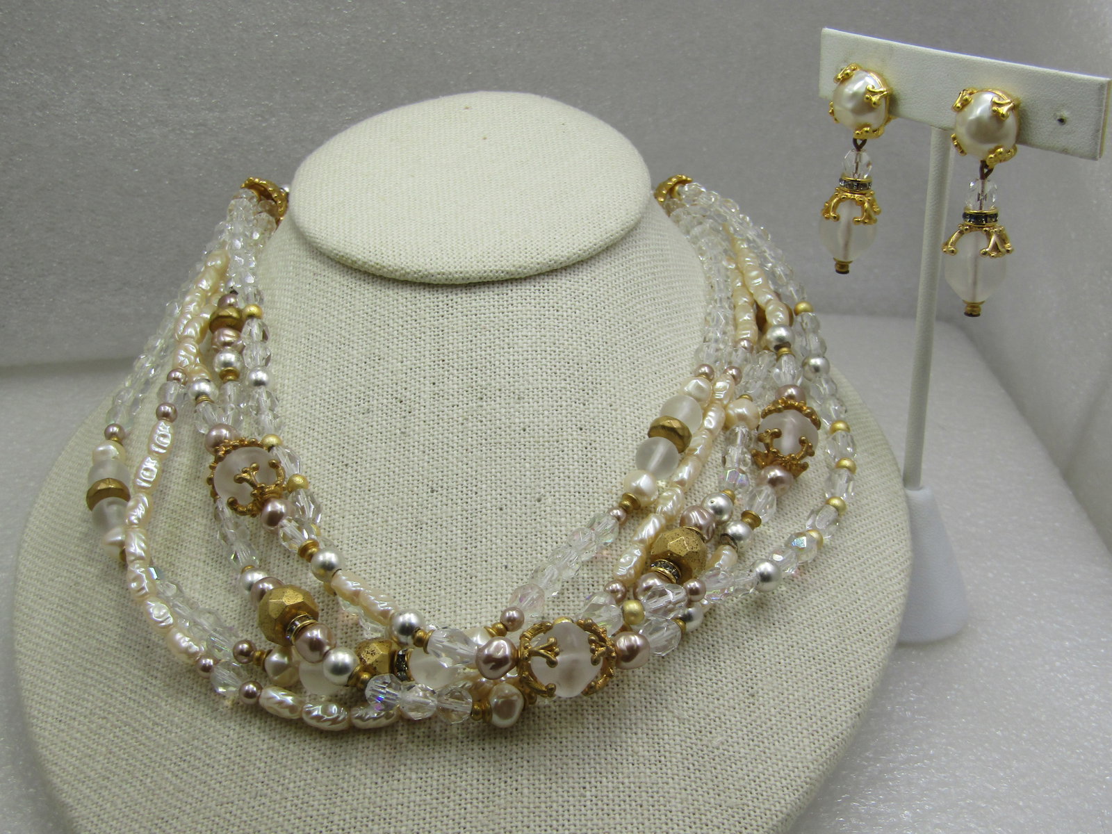 Vintage Liz Claiborne Faux Pearl, Gold Beaded Necklace & Earrings Set, Multi-Strand, 1980's - 4