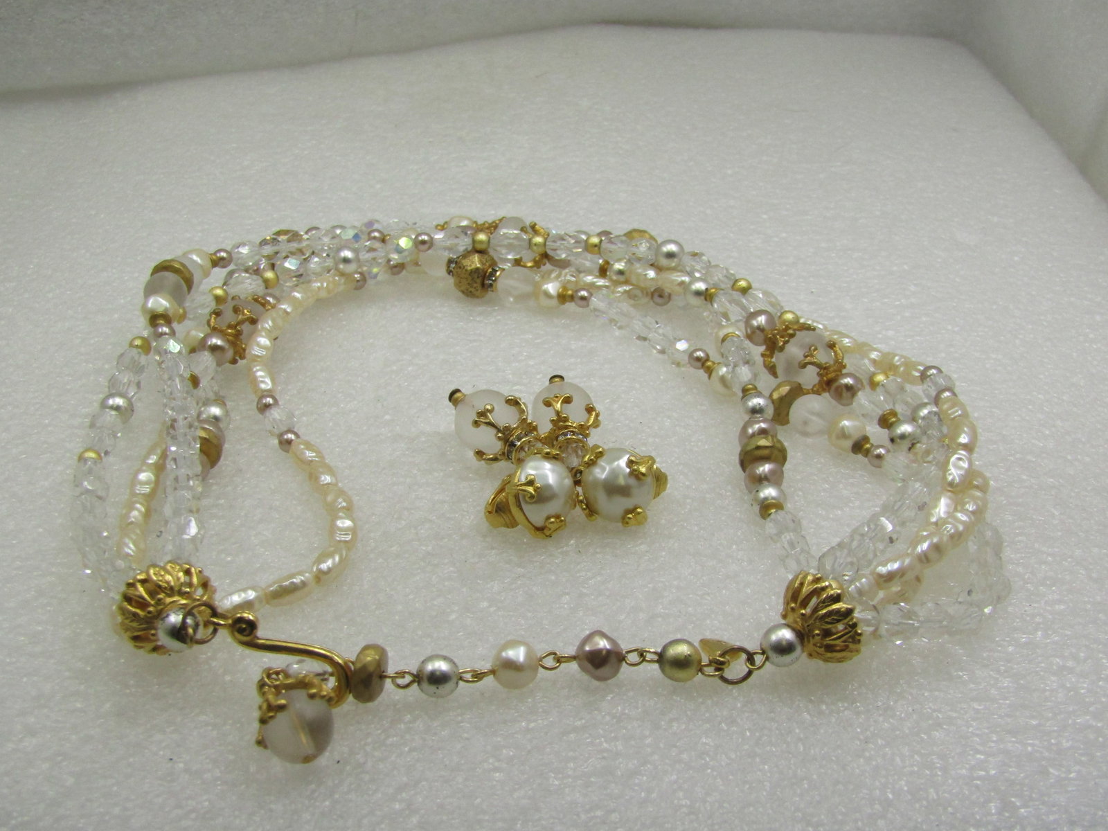 Vintage Liz Claiborne Faux Pearl, Gold Beaded Necklace & Earrings Set, Multi-Strand, 1980's - 5