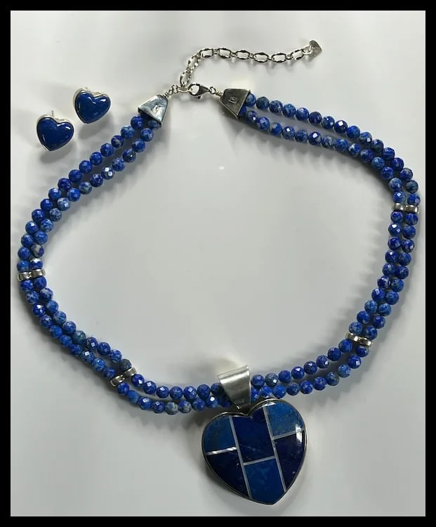 Vintage DTR Jay King Sterling Silver Lapis Lazuli Heart Pendant and Earring Set - 2