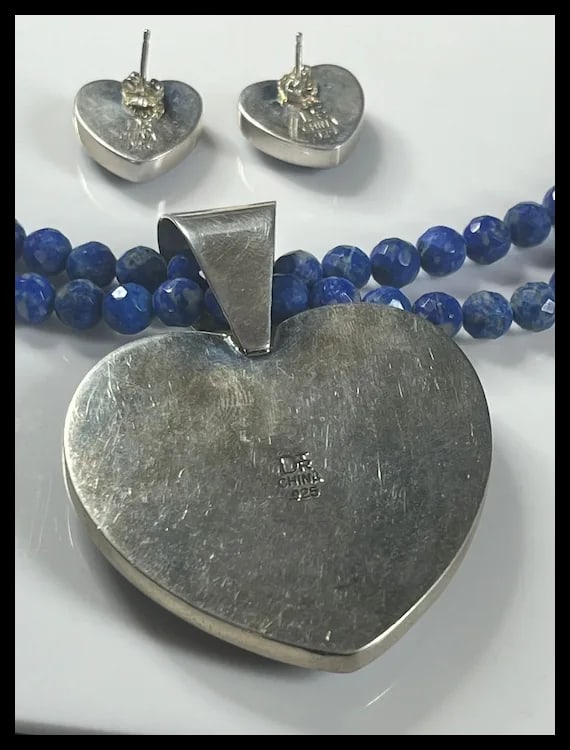 Vintage DTR Jay King Sterling Silver Lapis Lazuli Heart Pendant and Earring Set - 6