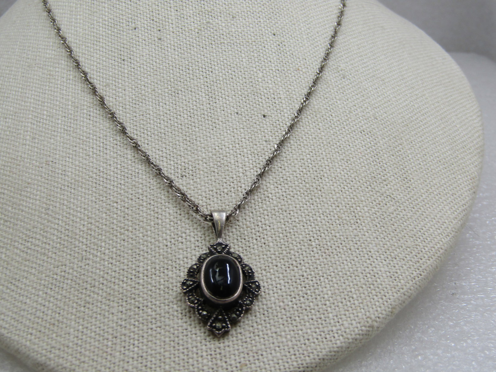 Vintage Sterling Onyx Marcasite Necklace, 20", Signed - 2