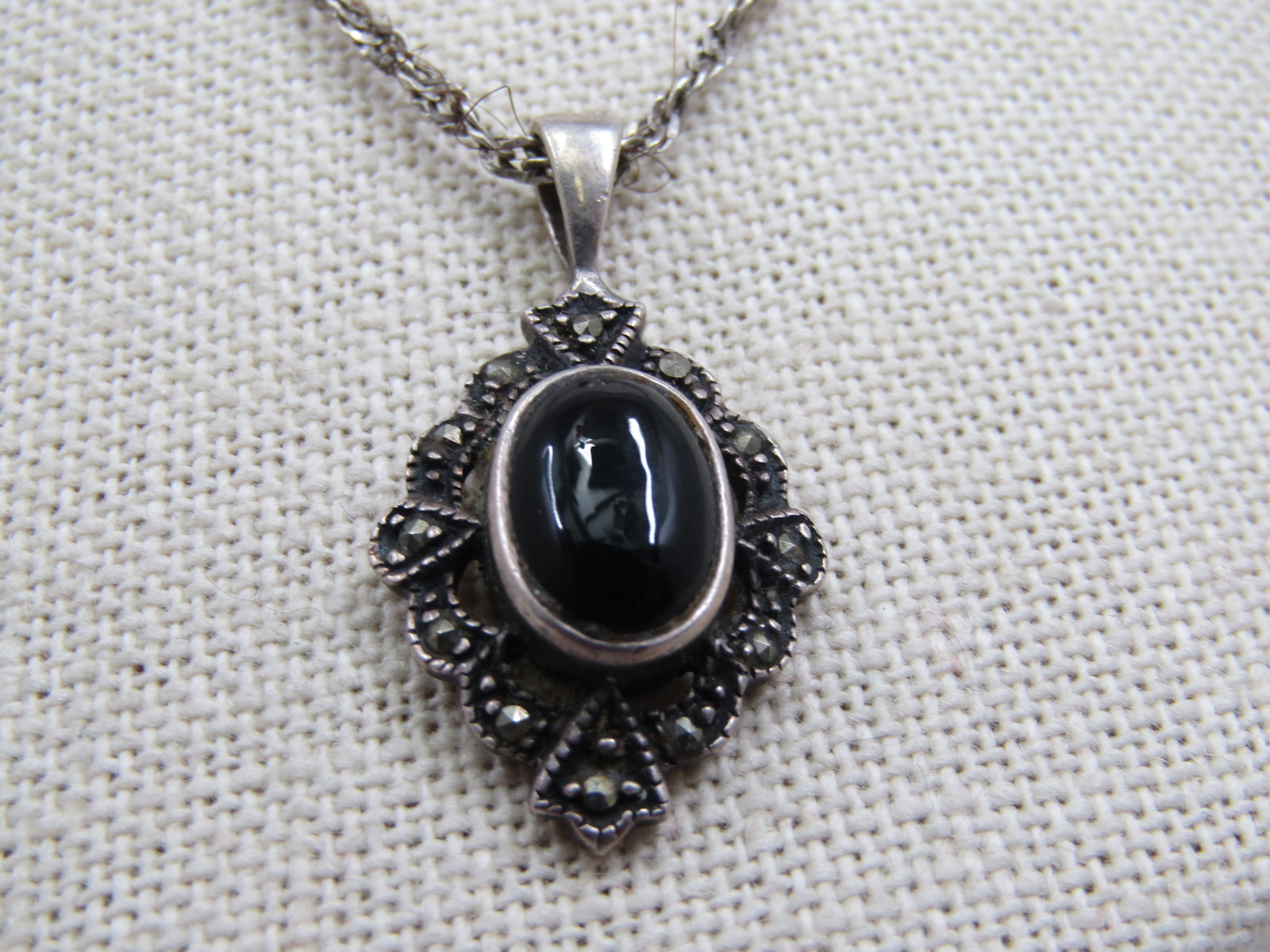 Vintage Sterling Onyx Marcasite Necklace, 20", Signed - 3