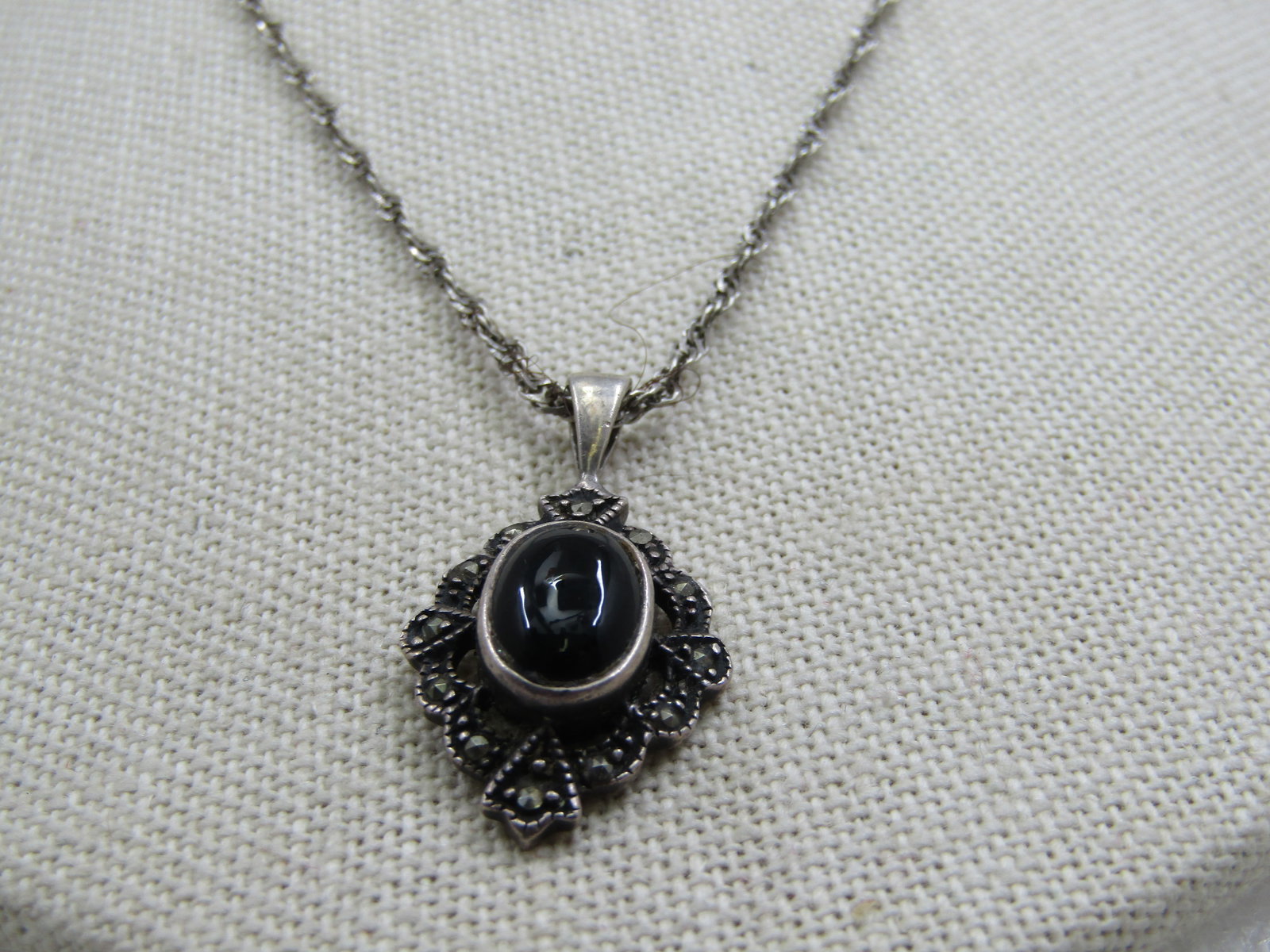 Vintage Sterling Onyx Marcasite Necklace, 20", Signed - 5