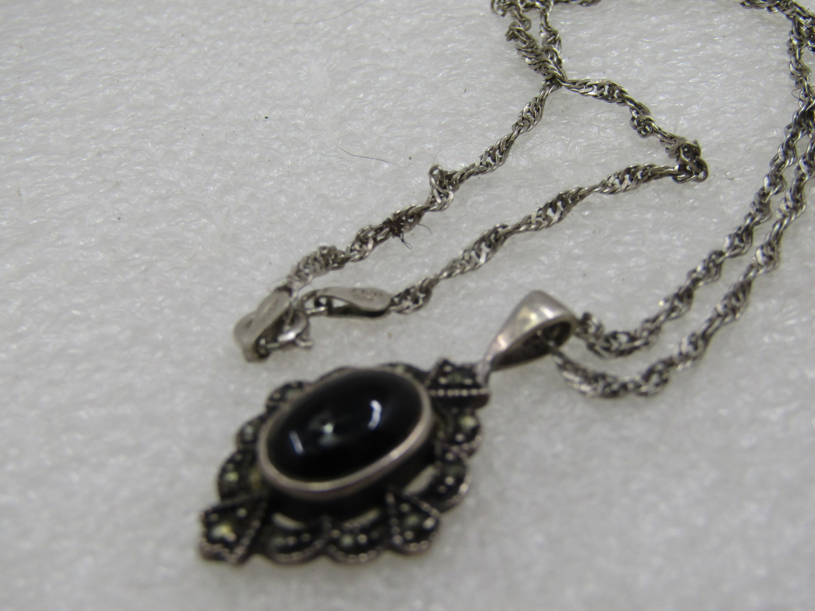 Vintage Sterling Onyx Marcasite Necklace, 20", Signed - 6