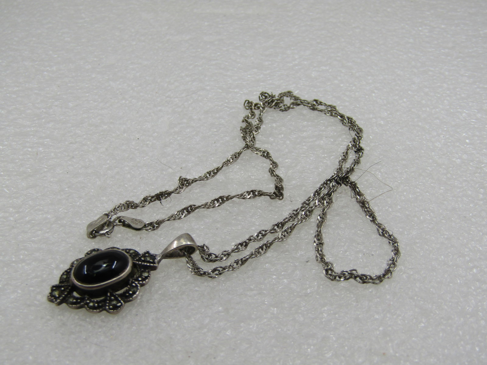 Vintage Sterling Onyx Marcasite Necklace, 20", Signed - 7
