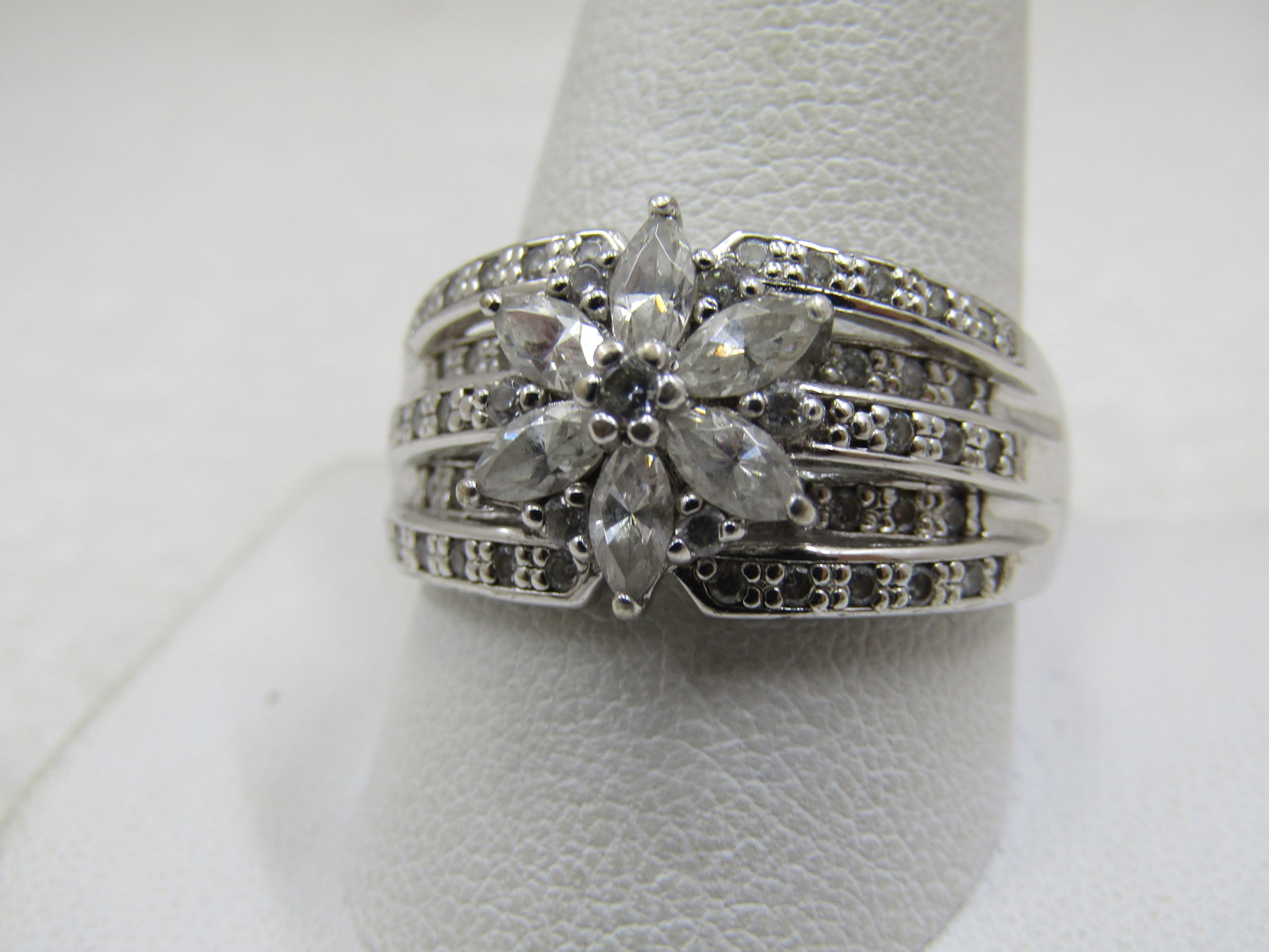 Vintage Sterling Wide Blossom CZ Ring, Sz. 11.5, Signed - 2