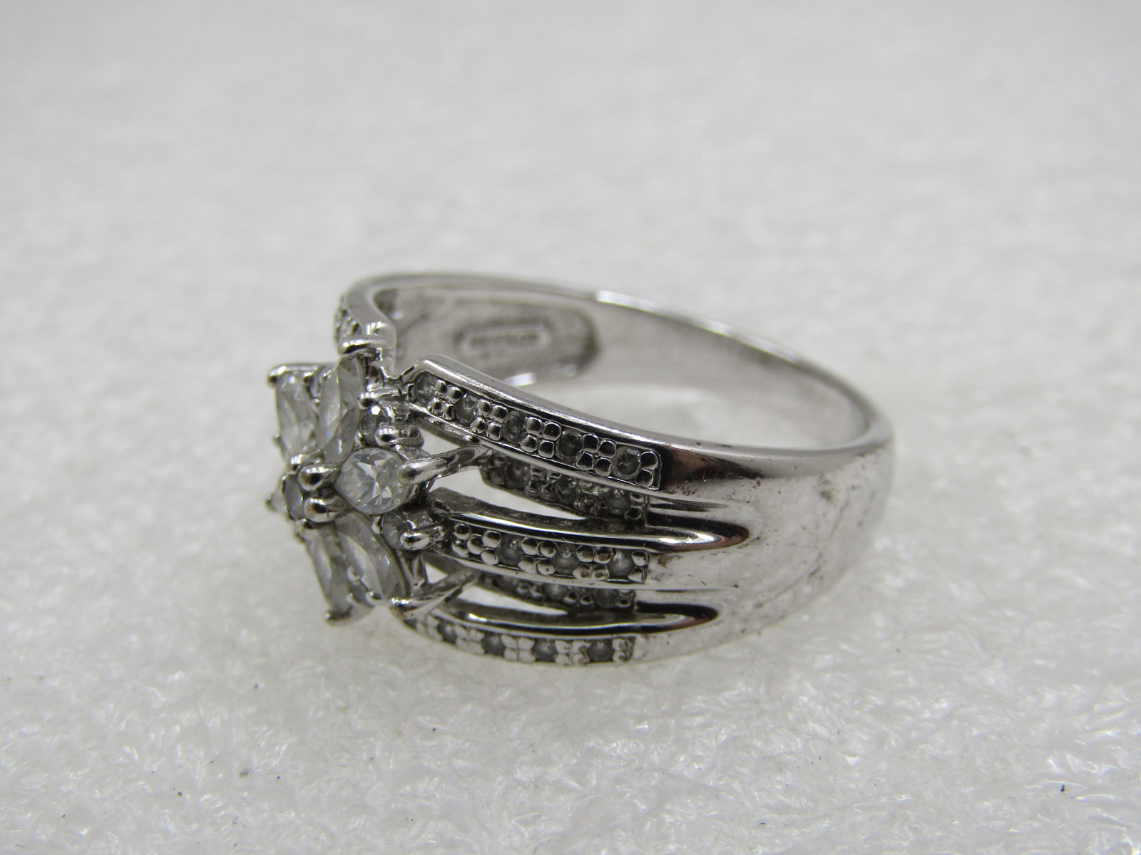 Vintage Sterling Wide Blossom CZ Ring, Sz. 11.5, Signed - 5