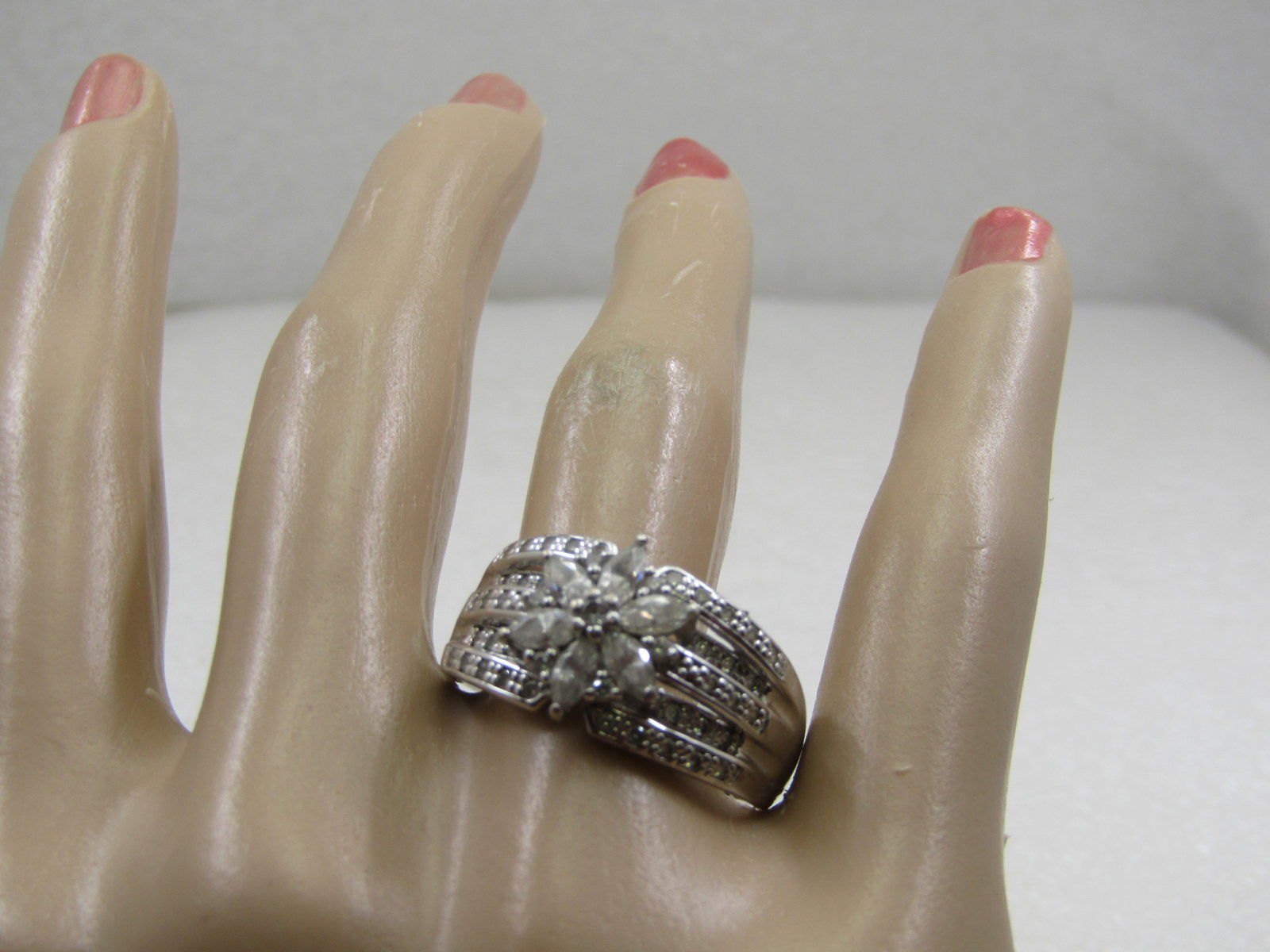 Vintage Sterling Wide Blossom CZ Ring, Sz. 11.5, Signed - 9