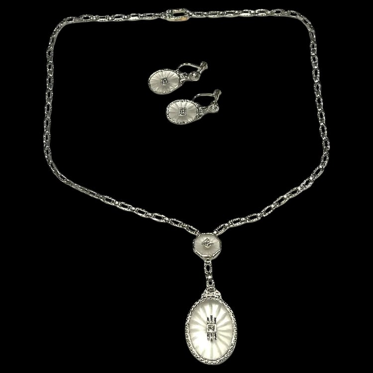 Art Deco Platinum Crystal and Diamond Necklace and Earring Set: Title: Art Deco Platinum Crystal and Diamond Necklace and Earring Set Description: Art Deco Platinum Crystal and Diamond Necklace and Earring Set (Screw Back Closure) Hallmarked: Tested as Platinum Ap