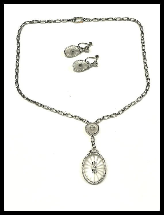 Art Deco Platinum Crystal and Diamond Necklace and Earring Set - 2