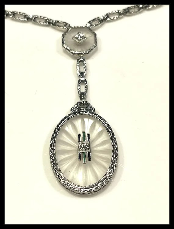 Art Deco Platinum Crystal and Diamond Necklace and Earring Set - 5