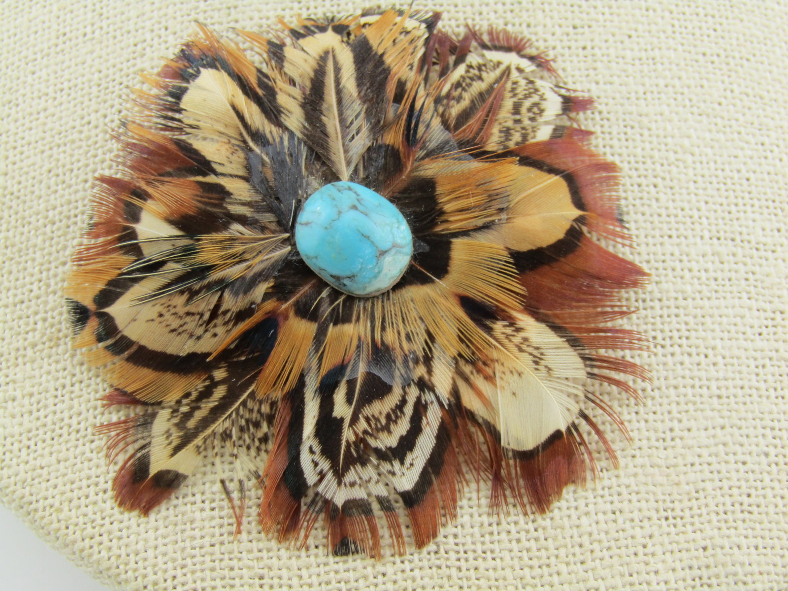 Vintage Feather & Faux Turquoise Brooch, 1970's-1980's - 3