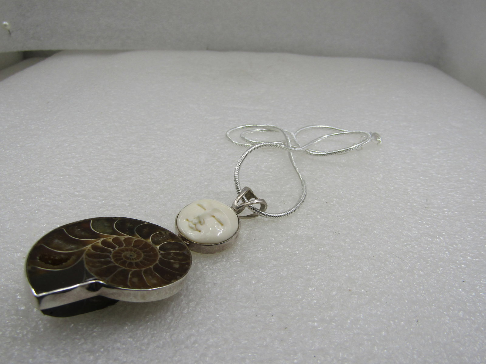 Vintage Sterling Ammonite & Moon Face Pendant on 20" Plated Chain - 6