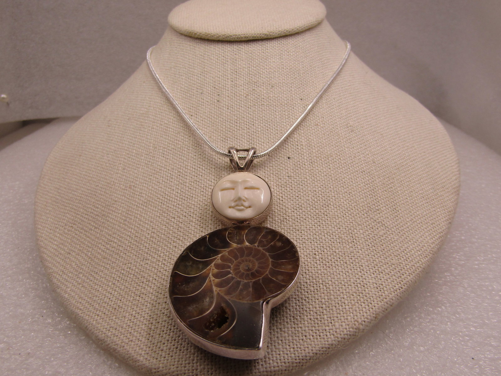 Vintage Sterling Ammonite & Moon Face Pendant on 20" Plated Chain - 8