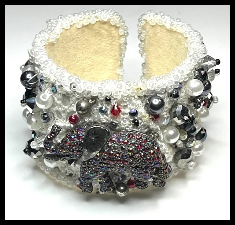 Vintage Handmade Artisan Beaded Elephant Bracelet/Cuff - 2