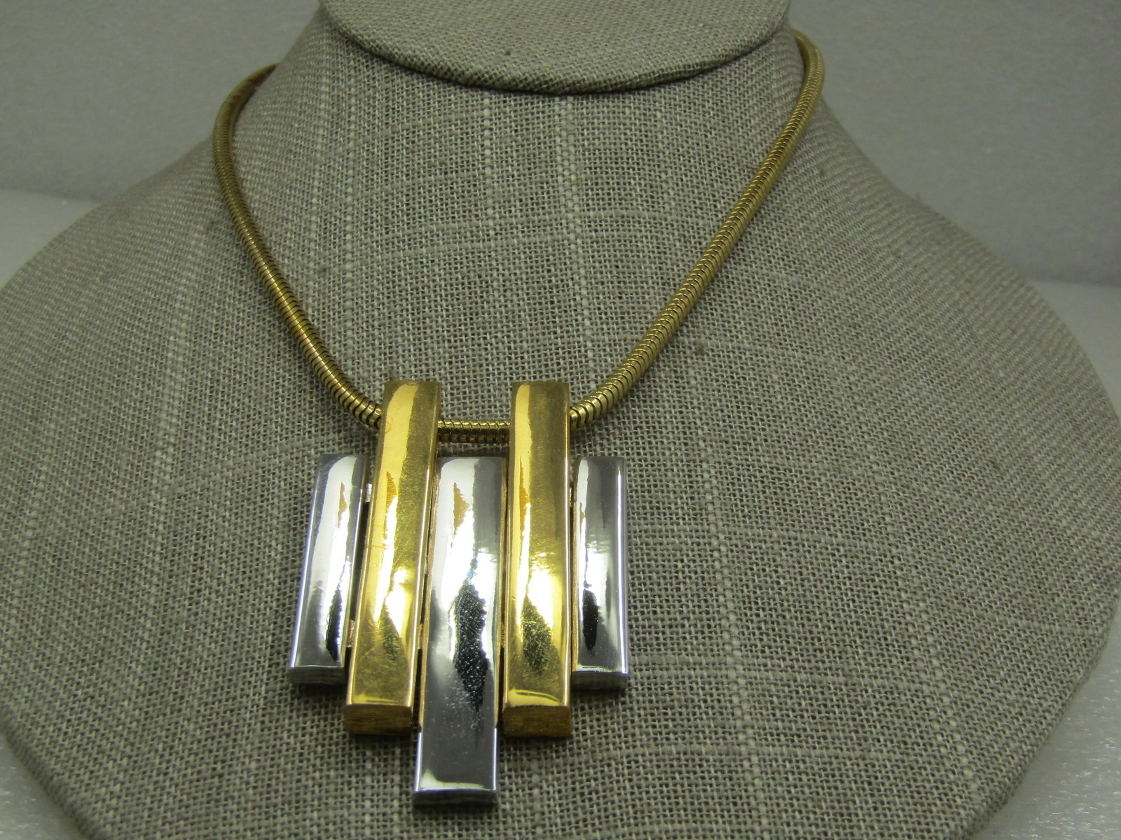 Vintage Two Tone Mod Staggered Bar Necklace, 20" Snake Chain, Avon - 2