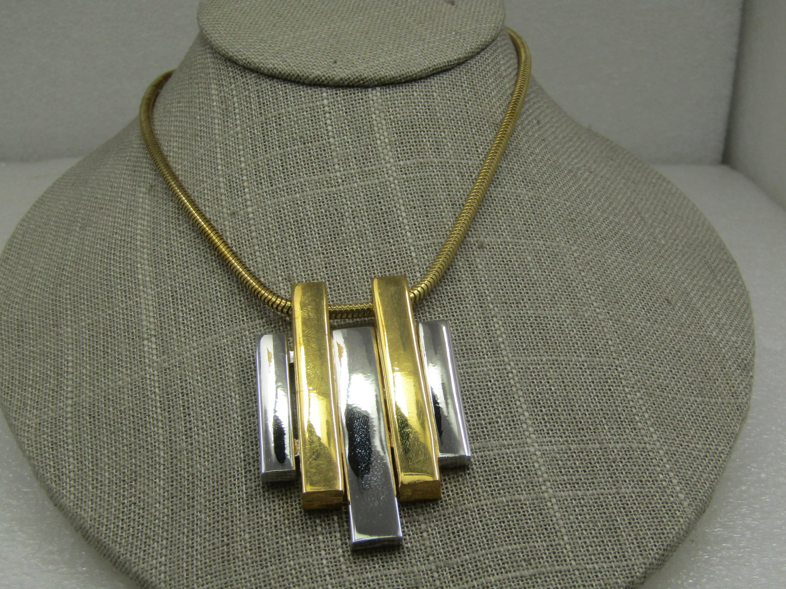 Vintage Two Tone Mod Staggered Bar Necklace, 20" Snake Chain, Avon - 3