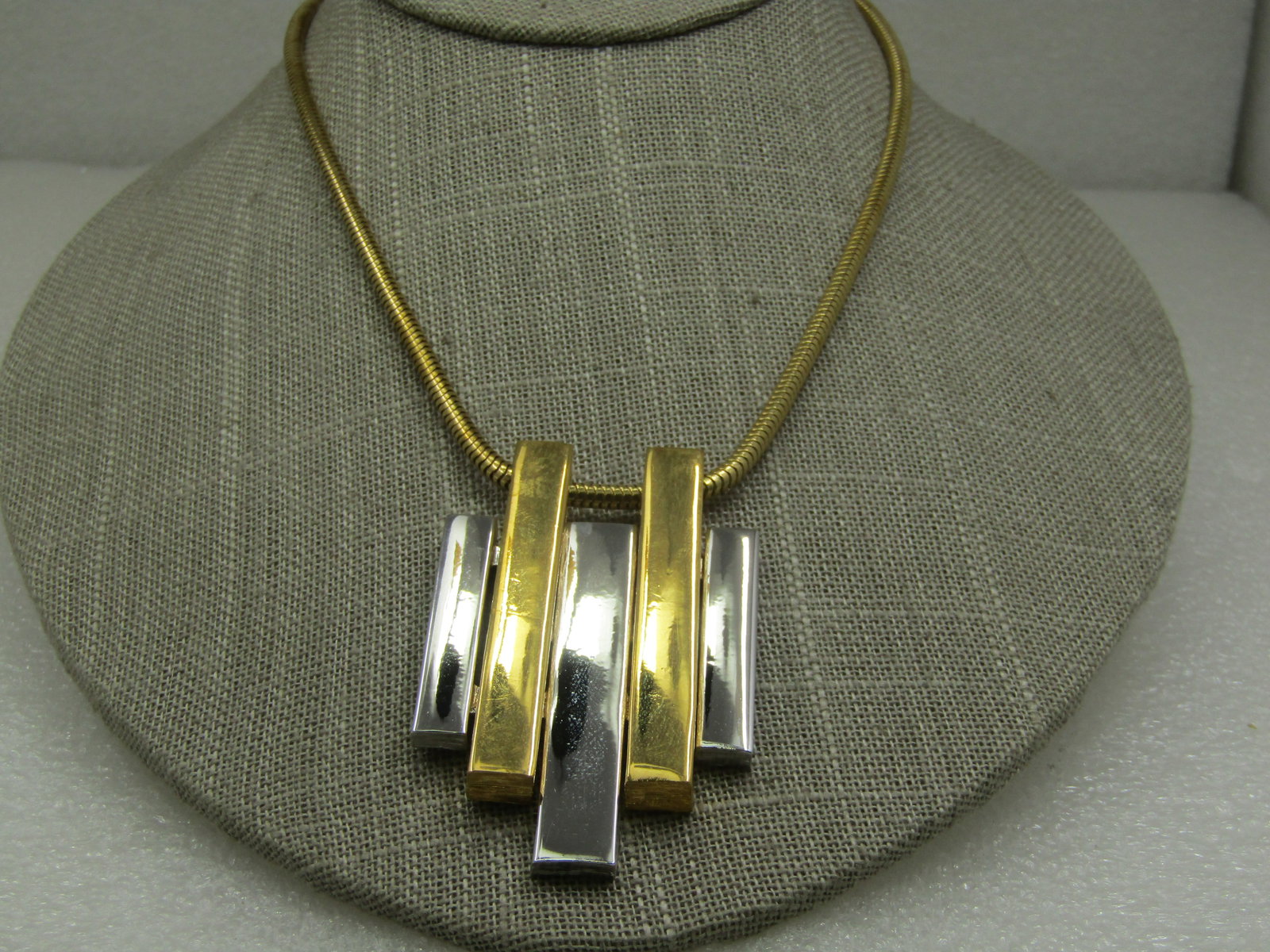 Vintage Two Tone Mod Staggered Bar Necklace, 20" Snake Chain, Avon - 4