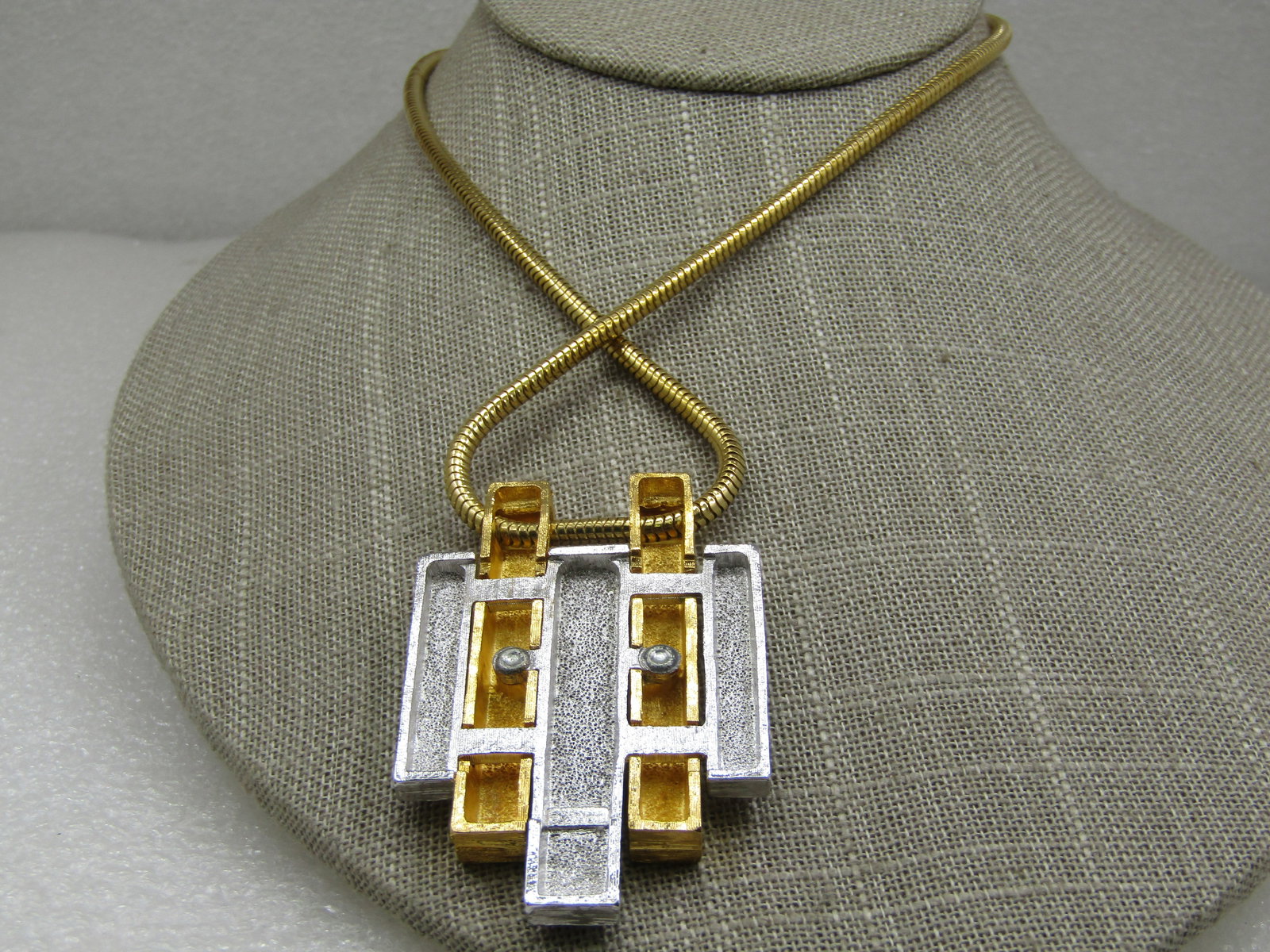 Vintage Two Tone Mod Staggered Bar Necklace, 20" Snake Chain, Avon - 6