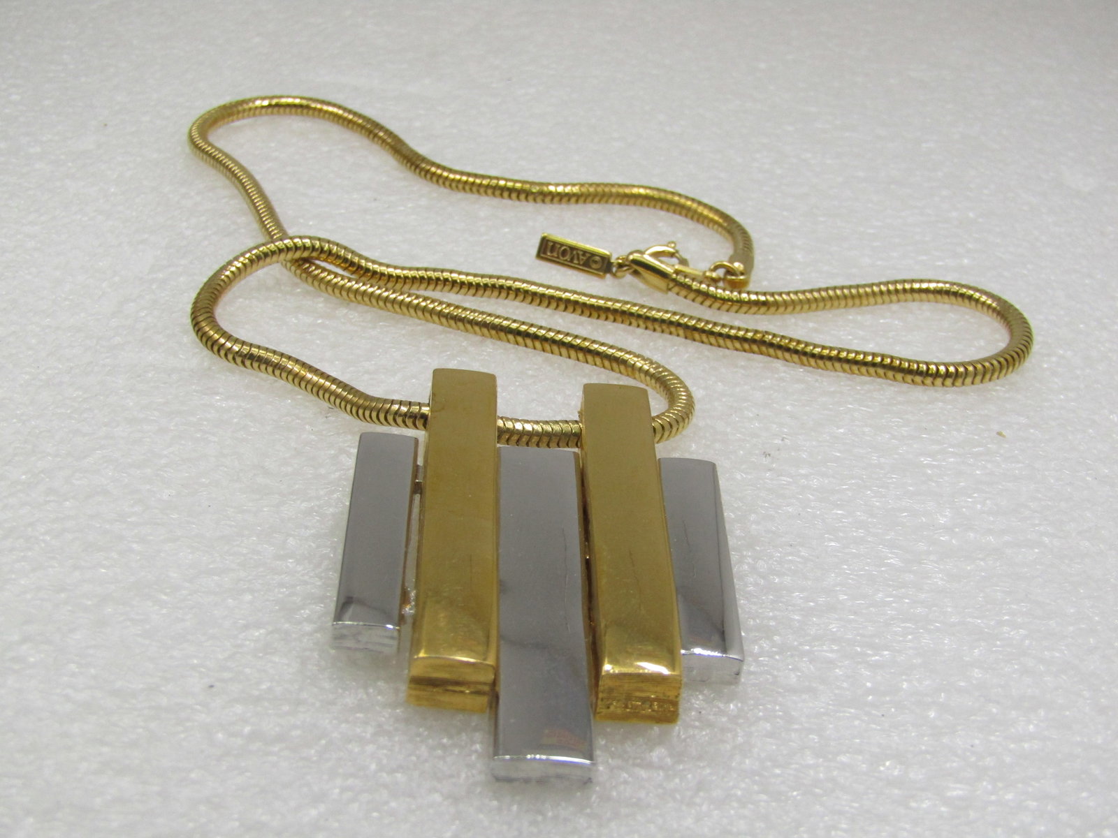 Vintage Two Tone Mod Staggered Bar Necklace, 20" Snake Chain, Avon - 7