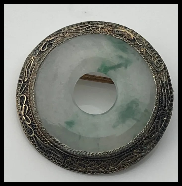 Vintage Lucky Jade and Sterling Silver China Brooch - 2
