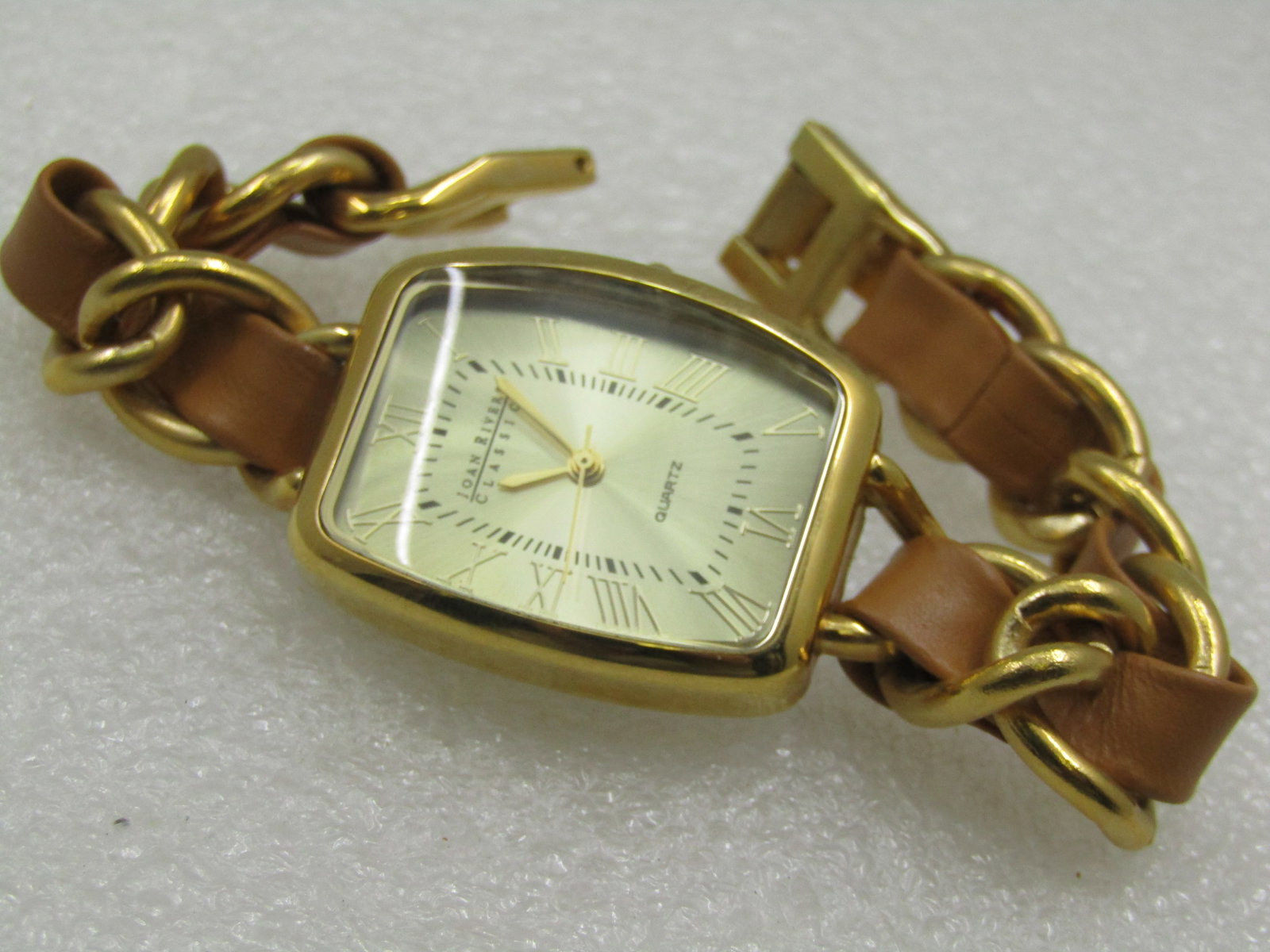 Vintage Joan Rivers Gold Tone Quartz Watch, Leather Weave, 7" - 2
