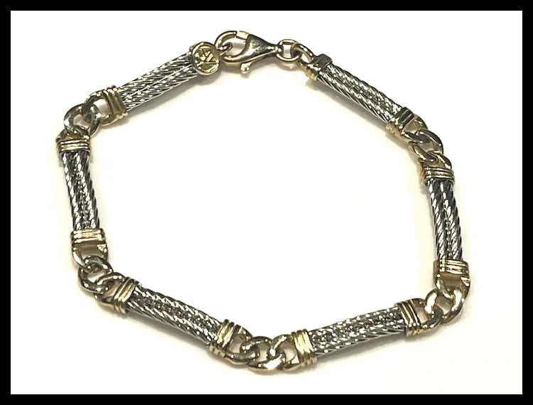 Vintage 14k Two Tone White and Yellow Gold Double Cable and Cuban Curb Link Bracelet - 3