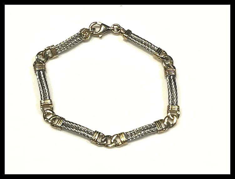 Vintage 14k Two Tone White and Yellow Gold Double Cable and Cuban Curb Link Bracelet - 4