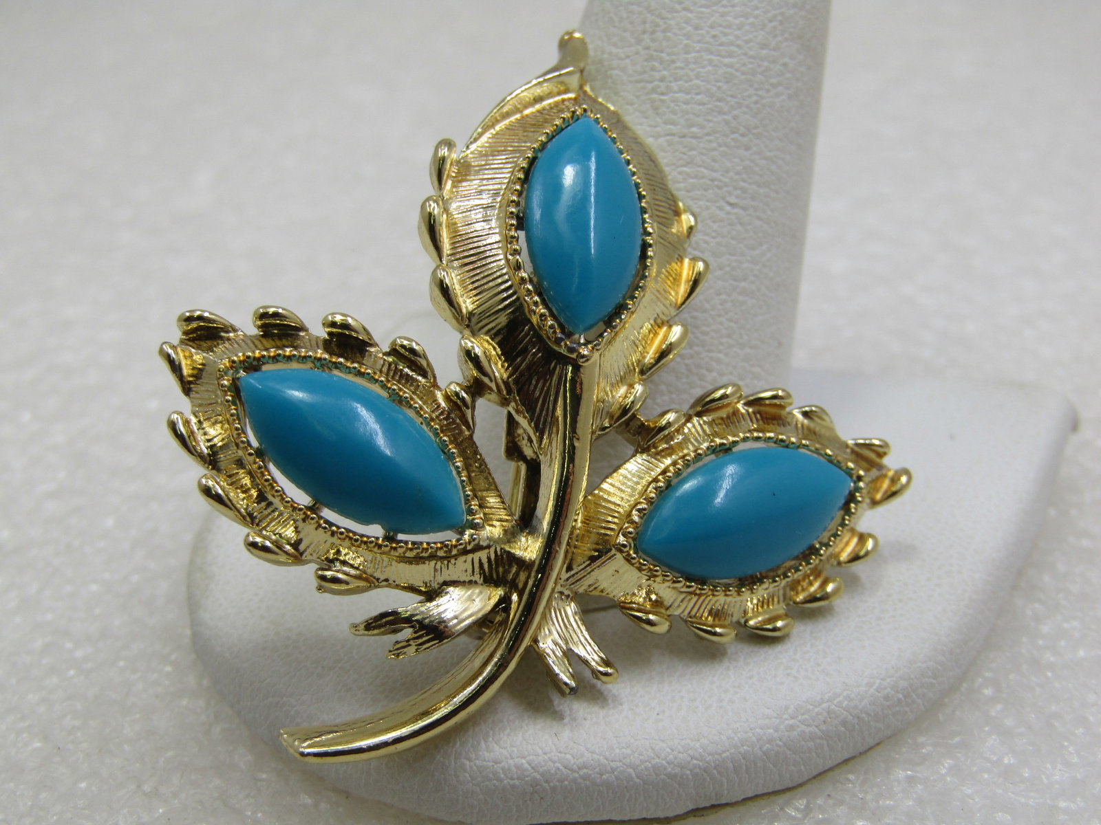 Vintage Faux Turquoise Leaf Stem Brooch, 1960's-1970's - 2