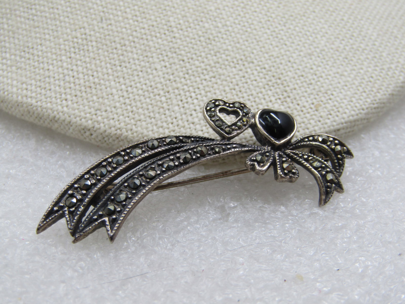 Vintage Sterling Double Heart Marcasite Brooch, 2" - 2