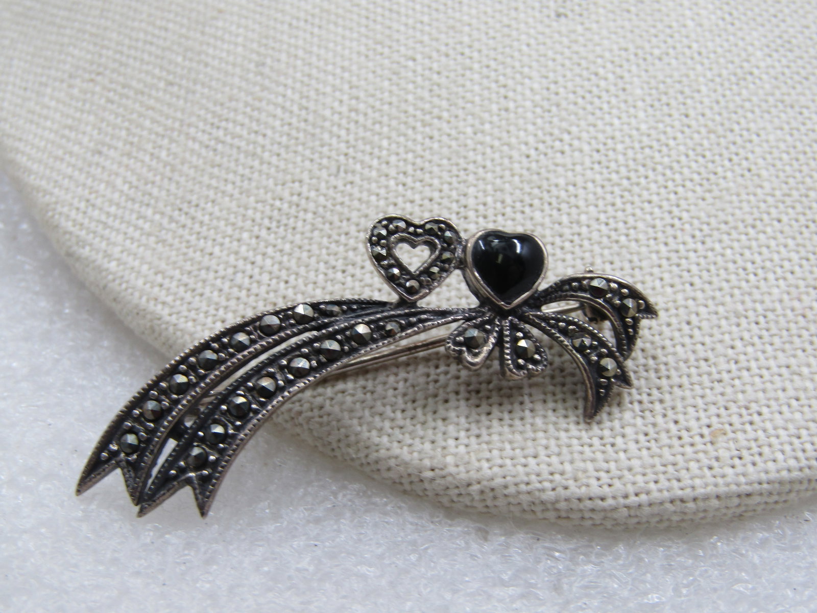 Vintage Sterling Double Heart Marcasite Brooch, 2" - 3