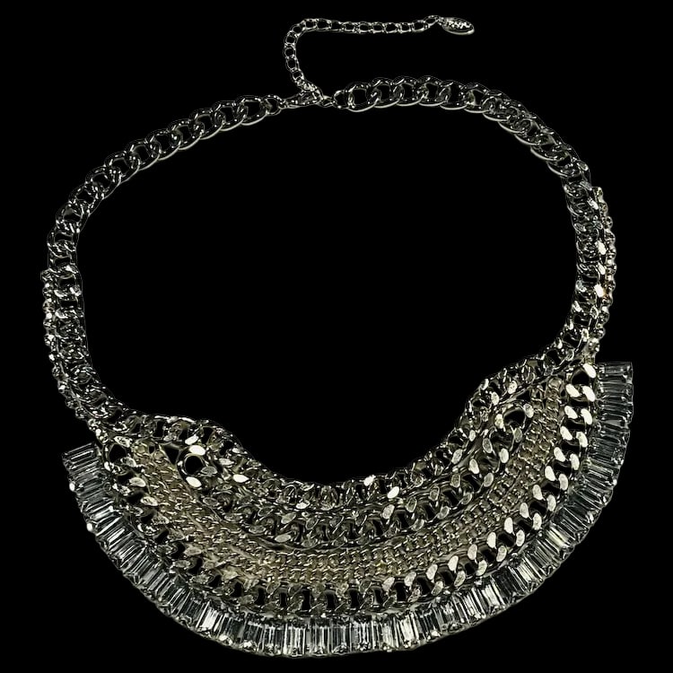 Estate NOBIA Statement Chain and Rhinestone Bib Necklace: Title: Estate NOBIA Statement Chain and Rhinestone Bib Necklace Description: Estate NOBIA Statement Chain and Rhinestone Bib Necklace Metal. Rhinestones Weighs 156 grams Measures Adjustable Reserve: $