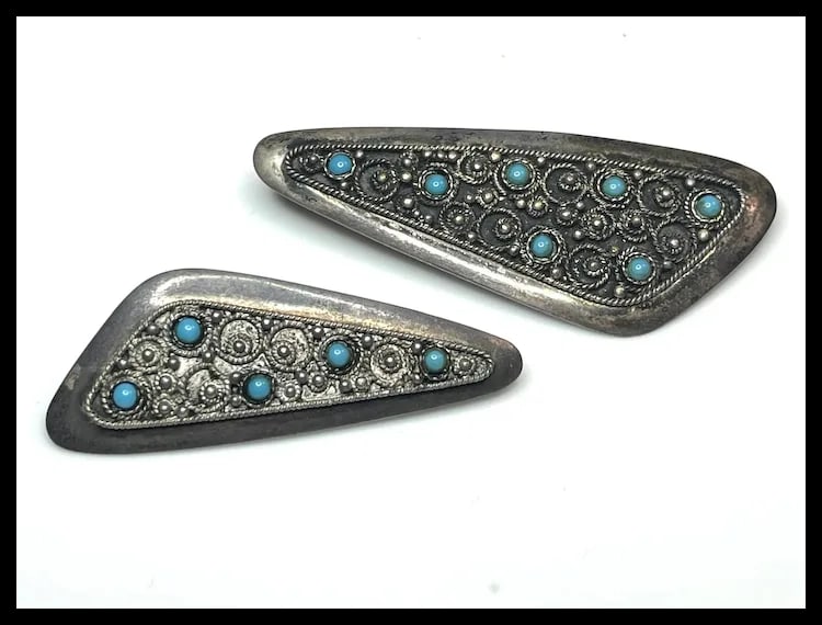 Two Vintage Sterling Silver and Turquoise Stone Jerusalem Israel Pendant/Brooches - 2