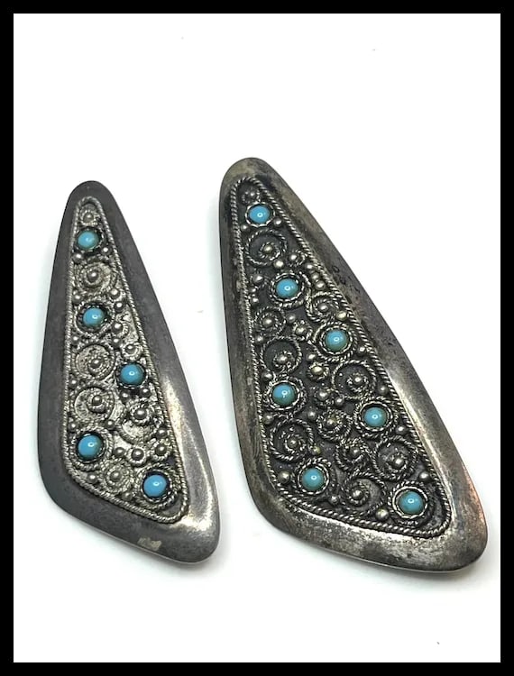 Two Vintage Sterling Silver and Turquoise Stone Jerusalem Israel Pendant/Brooches - 4