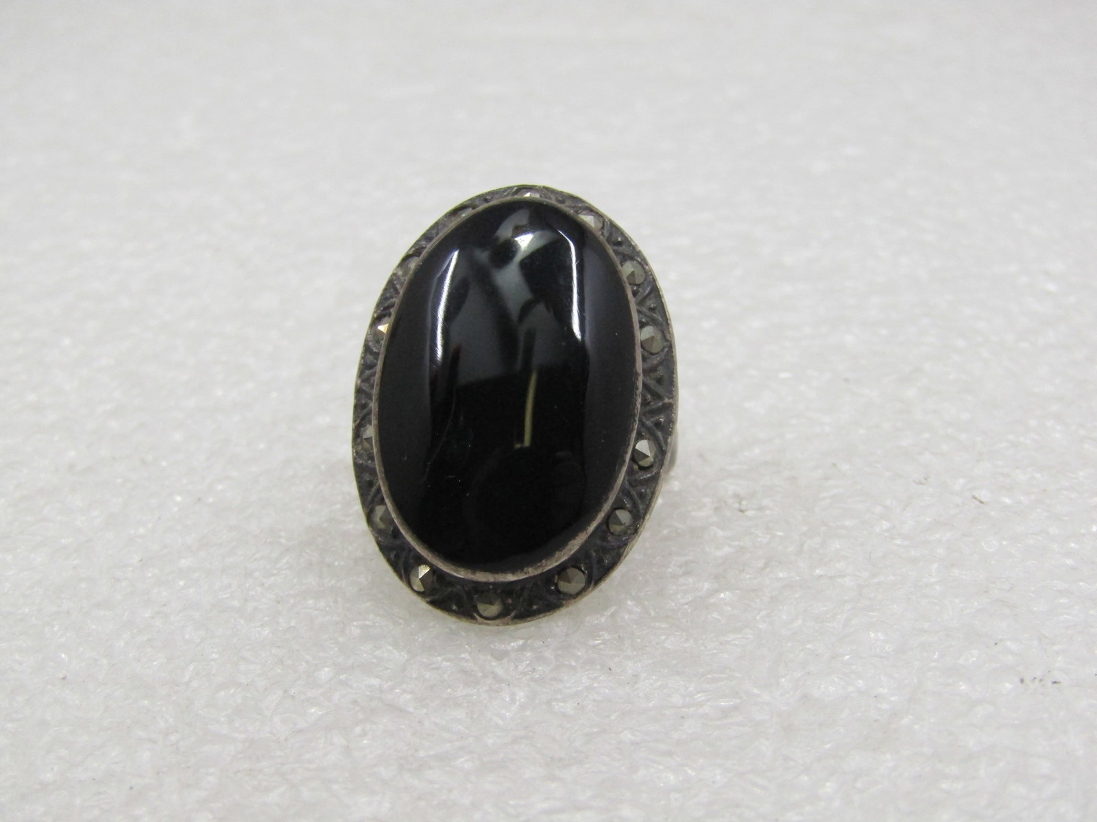 Vintage Sterling Oval Onyx Marcasite Ring, Sz. 7, 1970's-1980's - 5