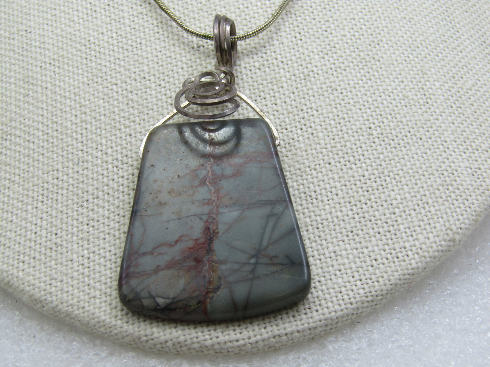 Vintage Sterling Wrapped Stone Pendant on 18" Snake Chain - 3