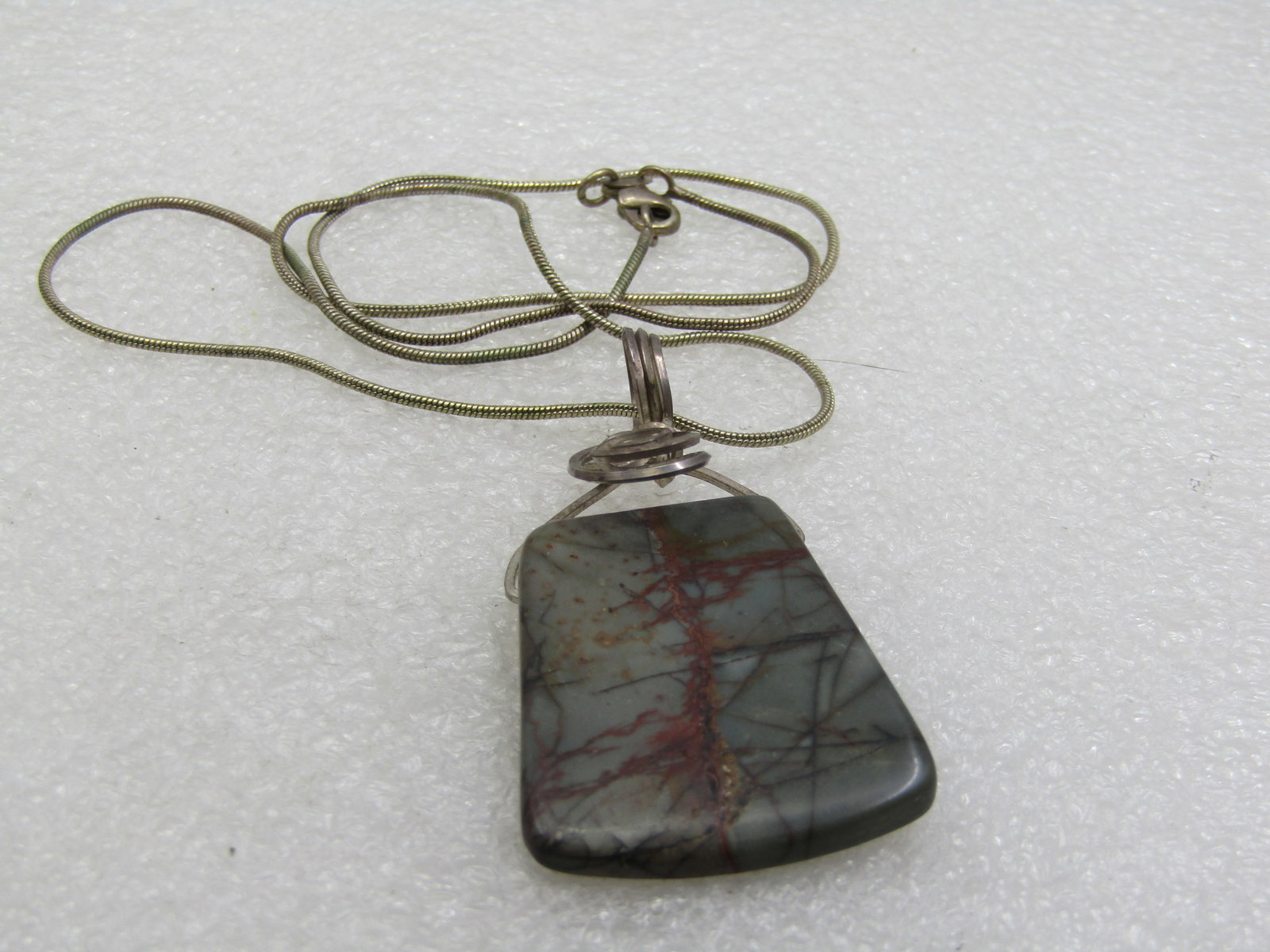 Vintage Sterling Wrapped Stone Pendant on 18" Snake Chain - 5