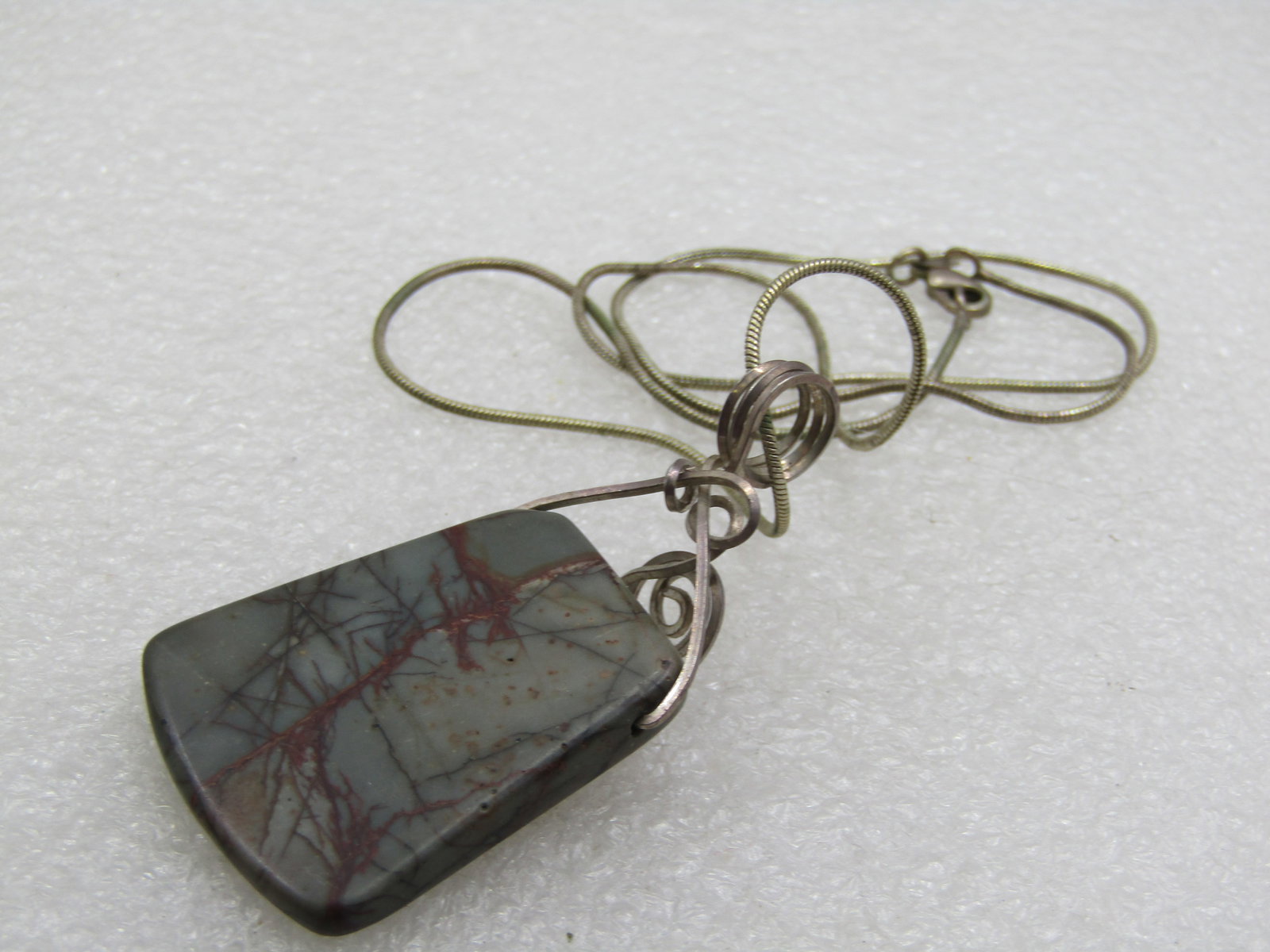 Vintage Sterling Wrapped Stone Pendant on 18" Snake Chain - 6