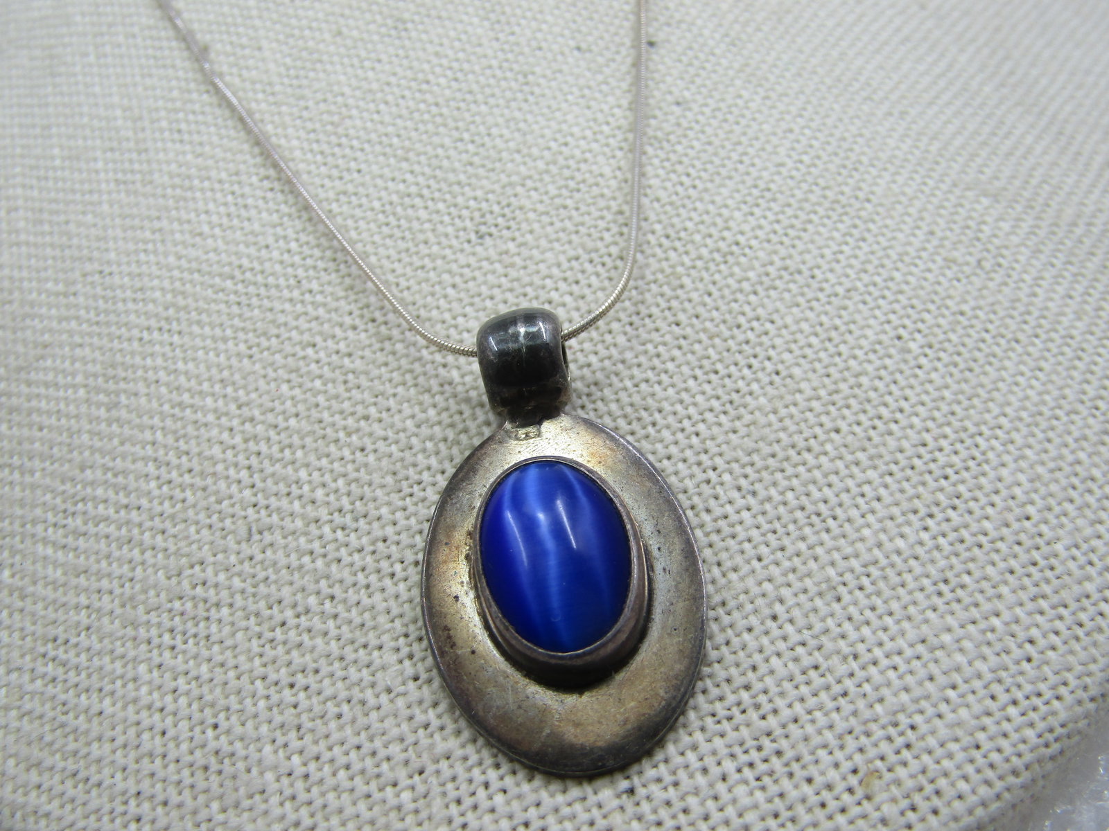 Vintage Sterling Mexico Blue Cateye Cabochon Necklace, 16" - 2