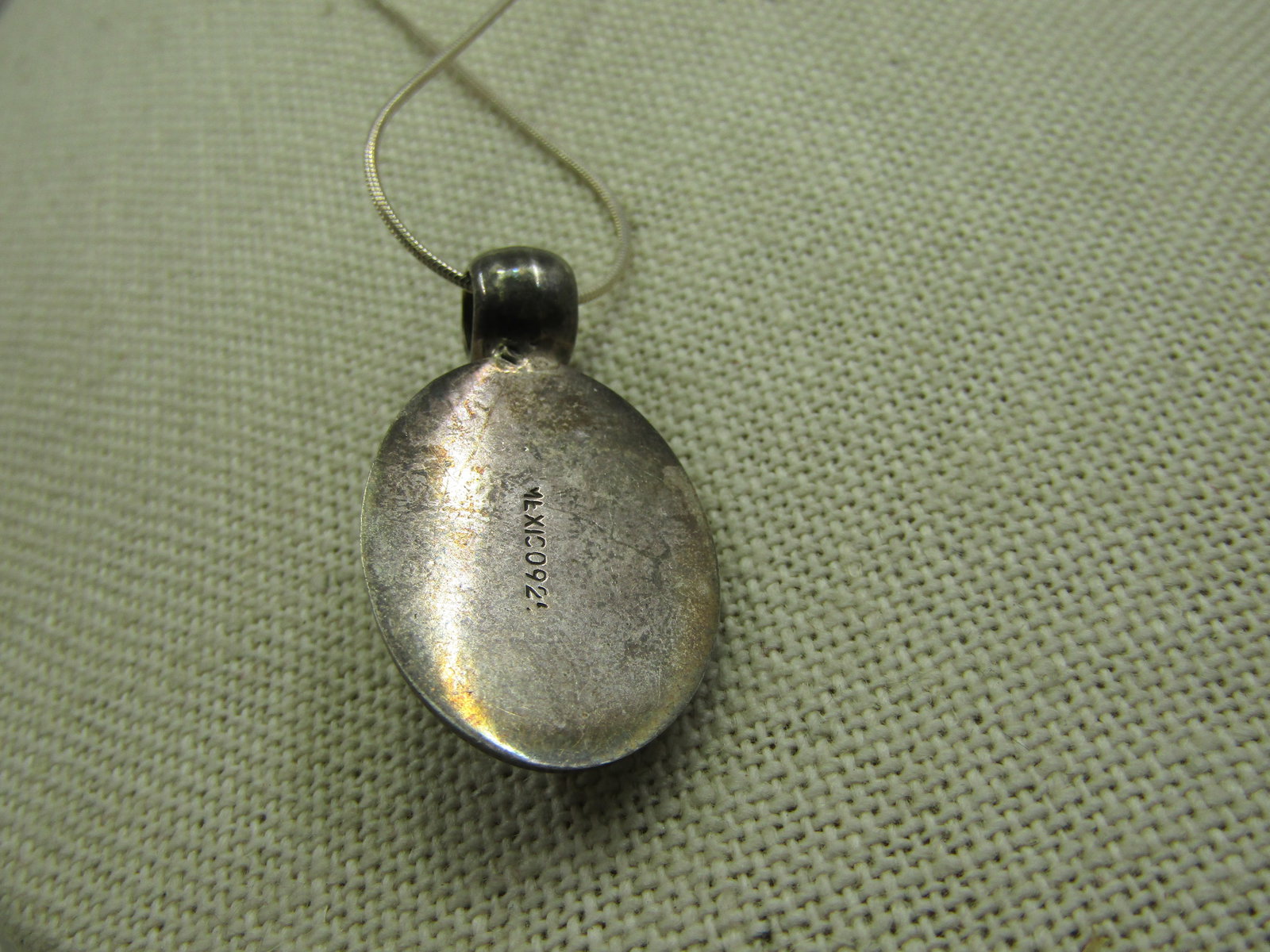 Vintage Sterling Mexico Blue Cateye Cabochon Necklace, 16" - 3