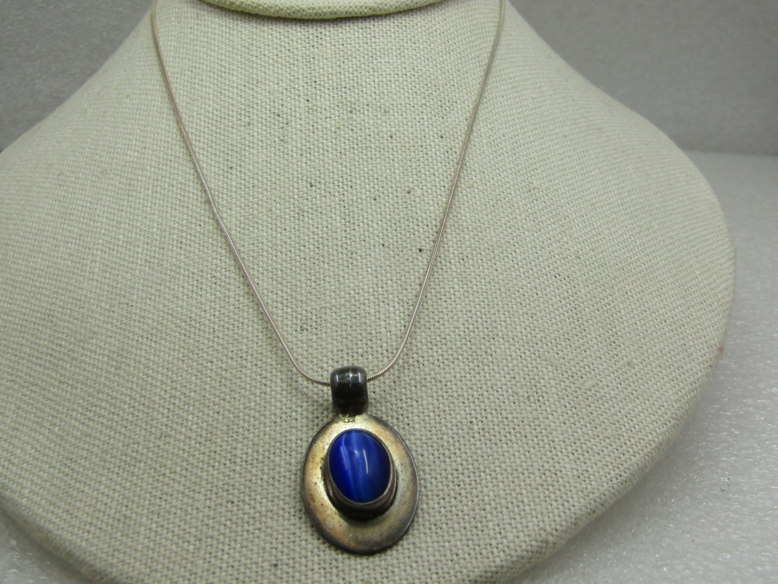 Vintage Sterling Mexico Blue Cateye Cabochon Necklace, 16" - 6